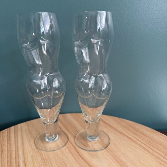 Vtg Clear Nude Nudies Female Torso Champagne Flutes Set Of 2 7 oz Clear - Picture 5 of 10